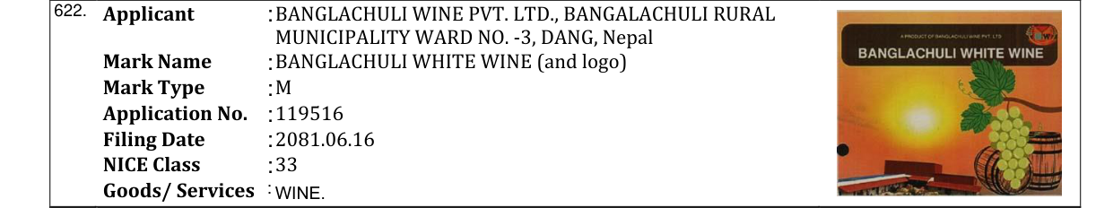 Original bulletin entry for BANGLACHULI WHITE WINE (and logo)