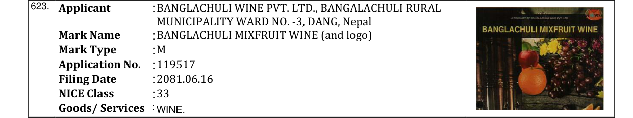 Original bulletin entry for BANGLACHULI MIXFRUIT WINE (and logo)
