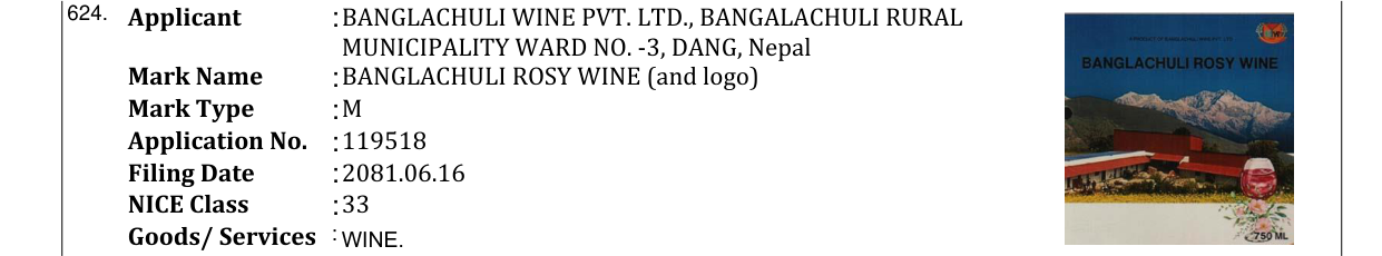 Original bulletin entry for BANGLACHULI ROSY WINE (and logo)