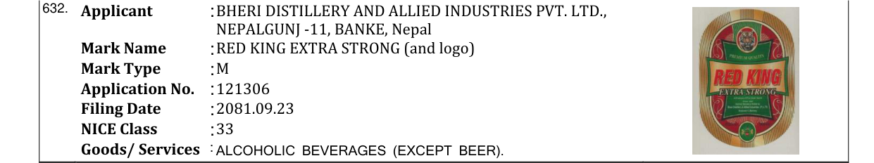 Original bulletin entry for RED KING EXTRA STRONG (and logo)