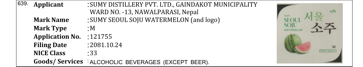 Original bulletin entry for SUMY SEOUL SOJU WATERMELON (and logo)