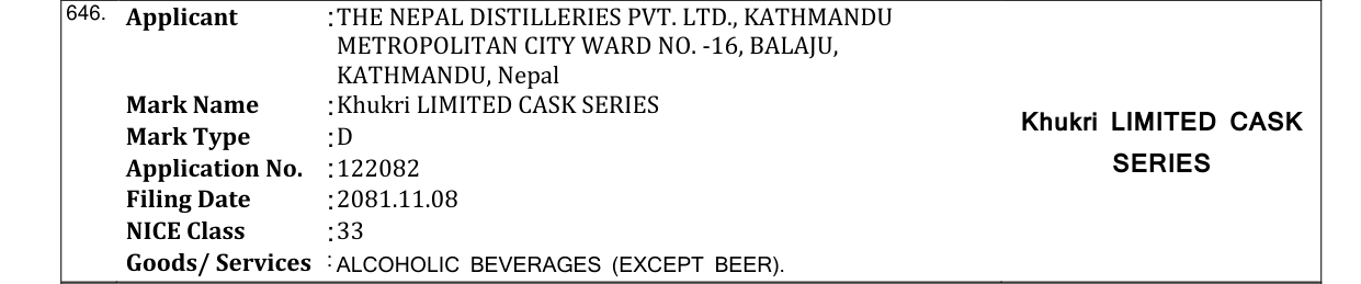 Original bulletin entry for Khukri LIMITED CASK SERIES Khukri LIMITED CASK