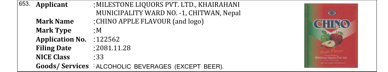 Original bulletin entry for CHINO APPLE FLAVOUR (and logo)