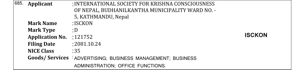 Original bulletin entry for ISCKON