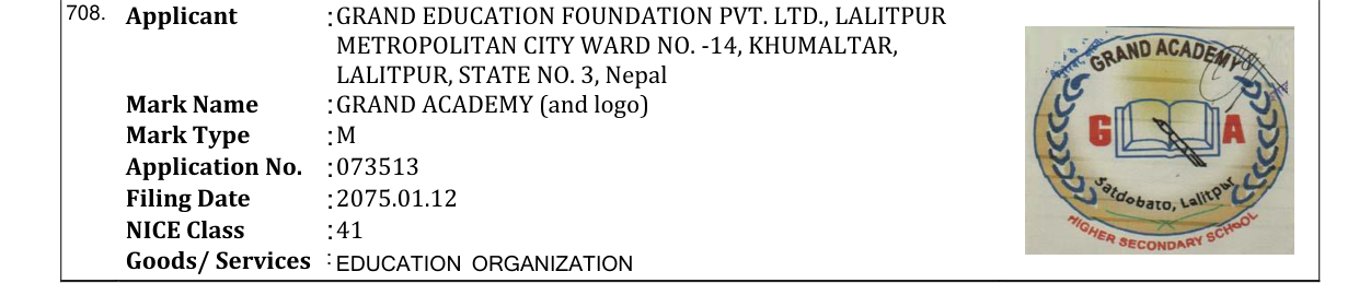 Original bulletin entry for GRAND ACADEMY (and logo)