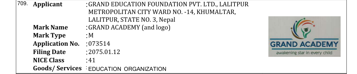 Original bulletin entry for GRAND ACADEMY (and logo)