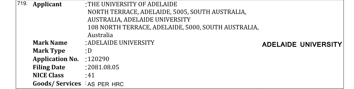 Original bulletin entry for ADELAIDE UNIVERSITY ADELAIDE UNIVERSITY