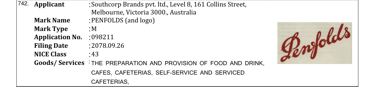 Original bulletin entry for PENFOLDS (and logo)