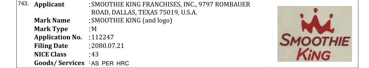 Original bulletin entry for SMOOTHIE KING (and logo)