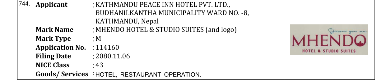 Original bulletin entry for MHENDO HOTEL & STUDIO SUITES (and logo)