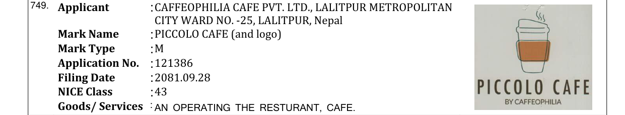 Original bulletin entry for PICCOLO CAFE (and logo)