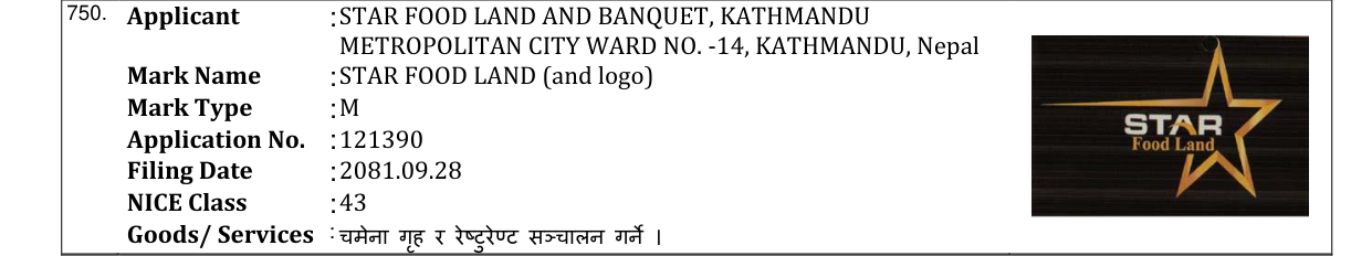 Original bulletin entry for STAR FOOD LAND (and logo)