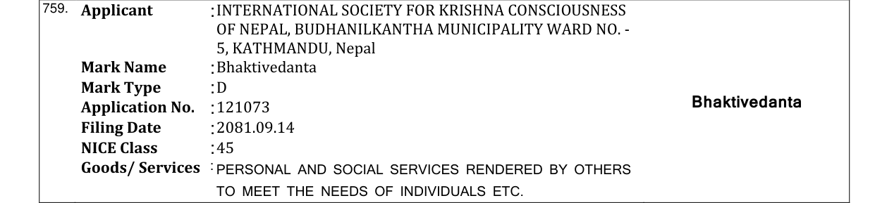 Original bulletin entry for Bhaktivedanta