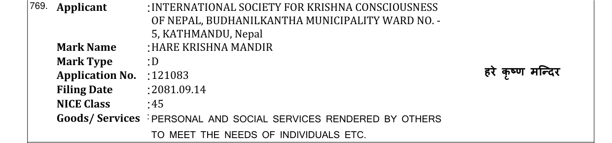 Original bulletin entry for HARE KRISHNA MANDIR
