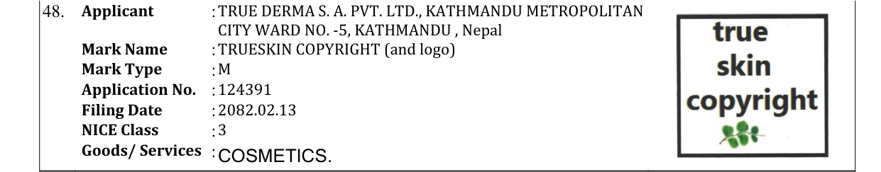 Original bulletin entry for TRUESKIN COPYRIGHT (and logo)