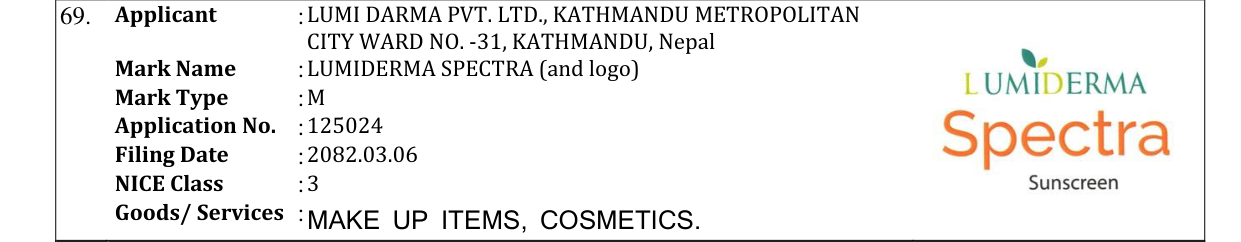 Original bulletin entry for LUMIDERMA SPECTRA (and logo)