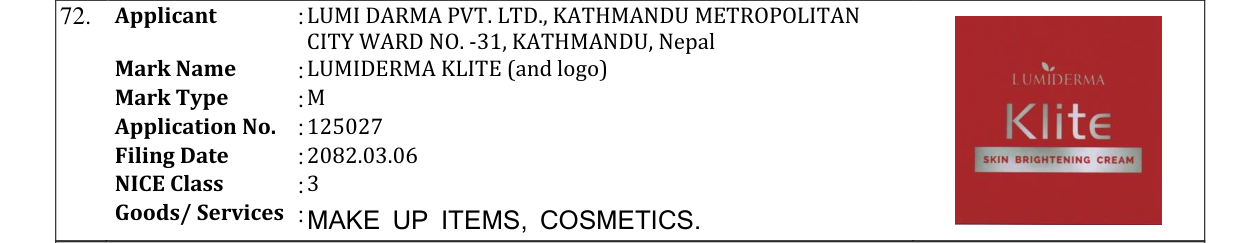 Original bulletin entry for LUMIDERMA KLITE (and logo)