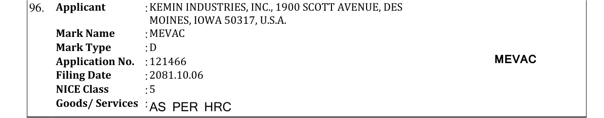 Original bulletin entry for MEVAC