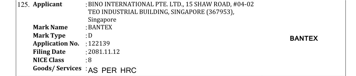 Original bulletin entry for BANTEX
