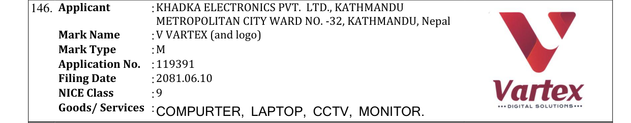 Original bulletin entry for V VARTEX (and logo)