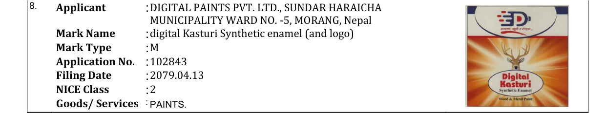 Original bulletin entry for digital Kasturi Synthetic enamel (and logo)