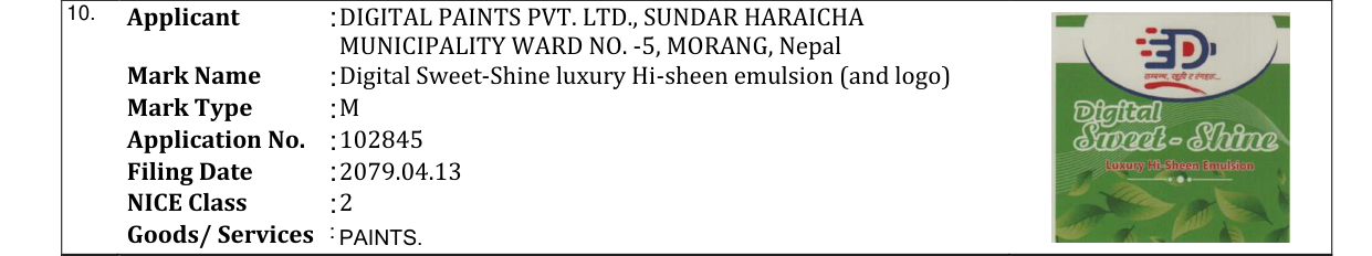 Original bulletin entry for Digital Sweet-Shine luxury Hi-sheen emulsion (and logo)
