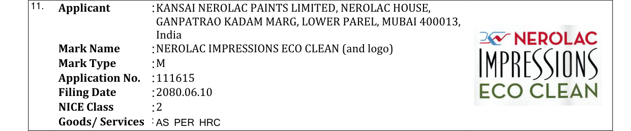 Original bulletin entry for NEROLAC IMPRESSIONS ECO CLEAN (and logo)