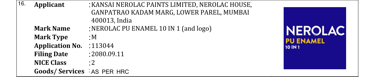 Original bulletin entry for NEROLAC PU ENAMEL 10 IN 1 (and logo)