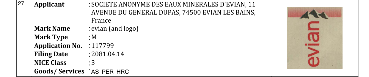 Original bulletin entry for evian (and logo)
