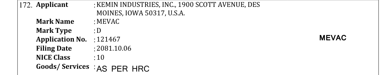 Original bulletin entry for MEVAC