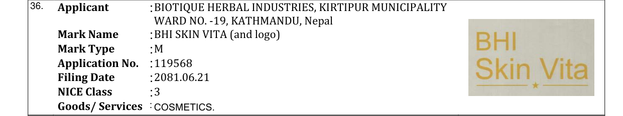 Original bulletin entry for BHI SKIN VITA (and logo)