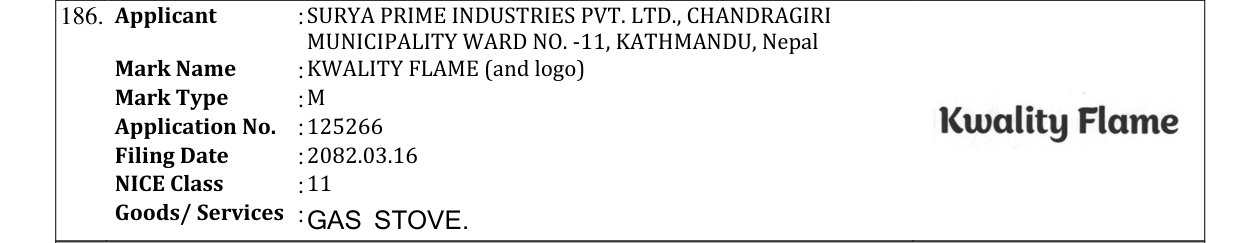 Original bulletin entry for KWALITY FLAME (and logo)