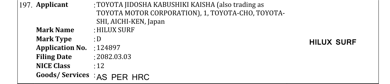 Original bulletin entry for HILUX SURF