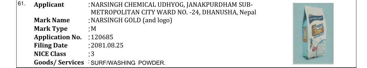 Original bulletin entry for NARSINGH GOLD (and logo)