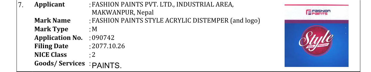 Original bulletin entry for FASHION PAINTS STYLE ACRYLIC DISTEMPER (and logo)
