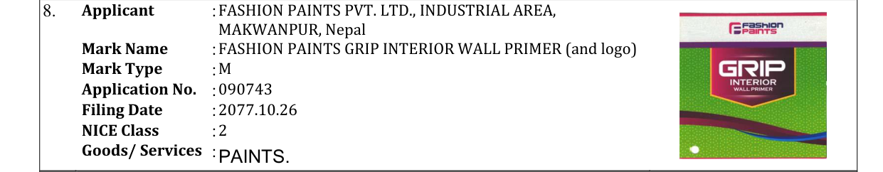Original bulletin entry for FASHION PAINTS GRIP INTERIOR WALL PRIMER (and logo)