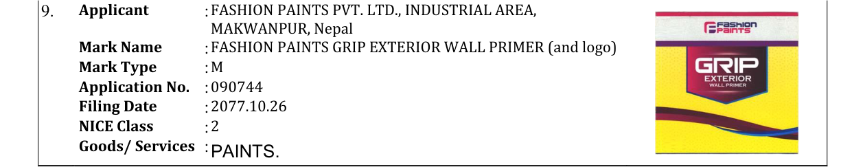 Original bulletin entry for FASHION PAINTS GRIP EXTERIOR WALL PRIMER (and logo)