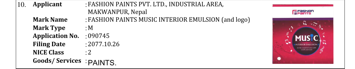 Original bulletin entry for FASHION PAINTS MUSIC INTERIOR EMULSION (and logo)