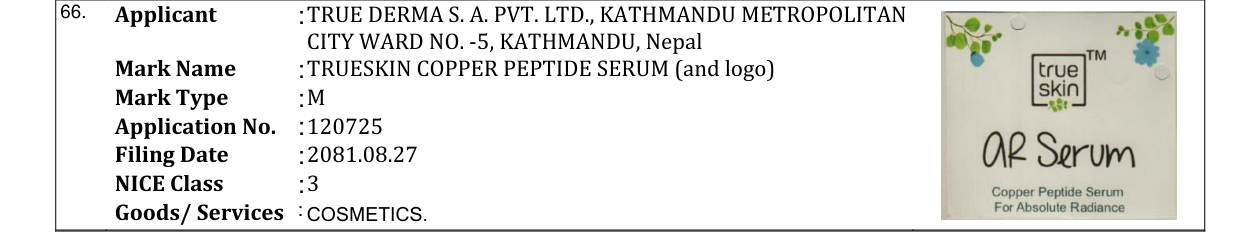 Original bulletin entry for TRUESKIN COPPER PEPTIDE SERUM (and logo)