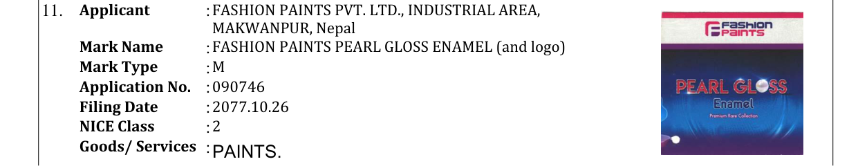 Original bulletin entry for FASHION PAINTS PEARL GLOSS ENAMEL (and logo)