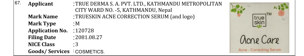 Original bulletin entry for TRUESKIN ACNE CORRECTION SERUM (and logo)
