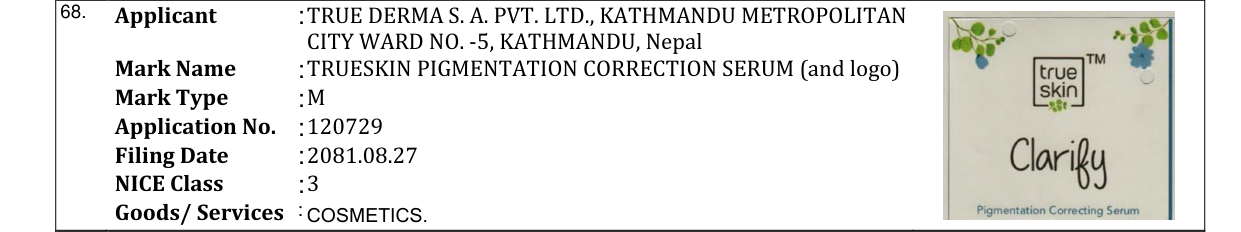 Original bulletin entry for TRUESKIN PIGMENTATION CORRECTION SERUM (and logo)
