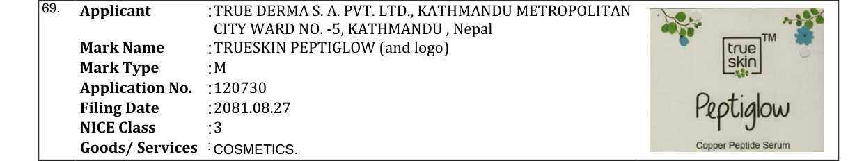 Original bulletin entry for TRUESKIN PEPTIGLOW (and logo)