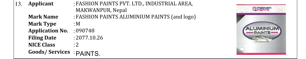 Original bulletin entry for FASHION PAINTS ALUMINIUM PAINTS (and logo)