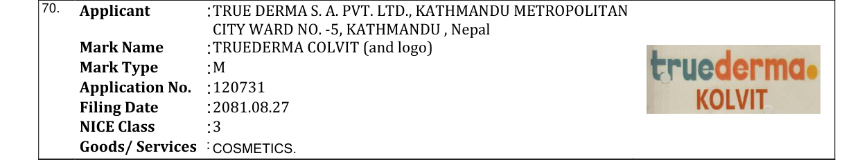 Original bulletin entry for TRUEDERMA COLVIT (and logo)
