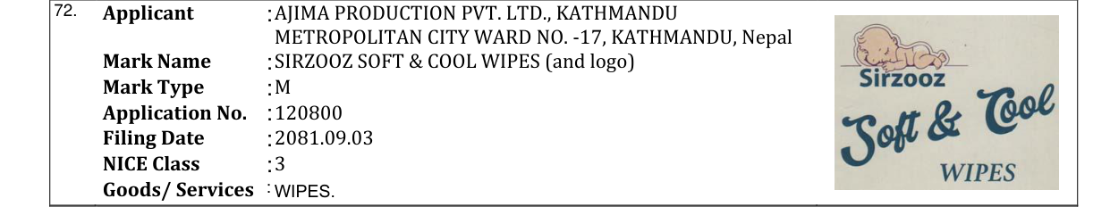 Original bulletin entry for SIRZOOZ SOFT & COOL WIPES (and logo)