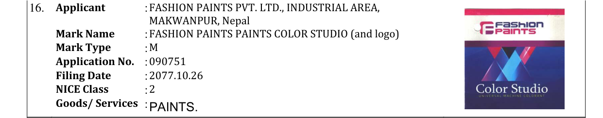Original bulletin entry for FASHION PAINTS PAINTS COLOR STUDIO (and logo)