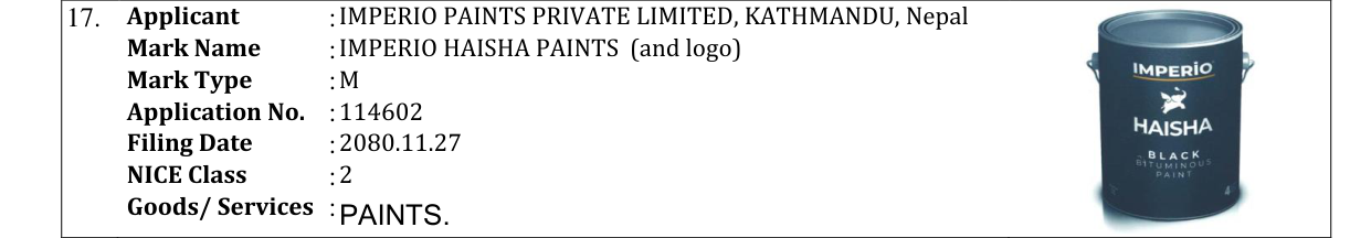 Original bulletin entry for IMPERIO HAISHA PAINTS (and logo)