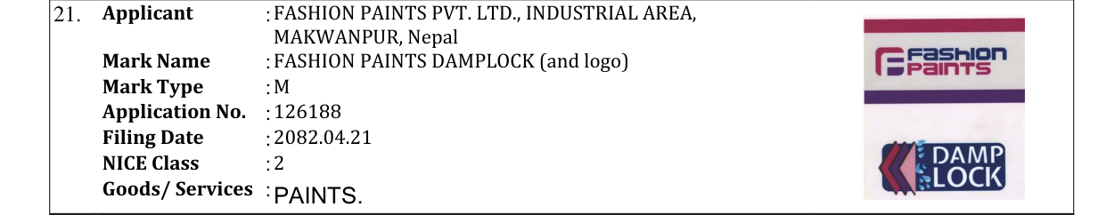 Original bulletin entry for FASHION PAINTS DAMPLOCK (and logo)