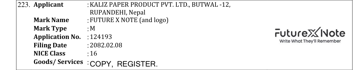 Original bulletin entry for FUTURE X NOTE (and logo)